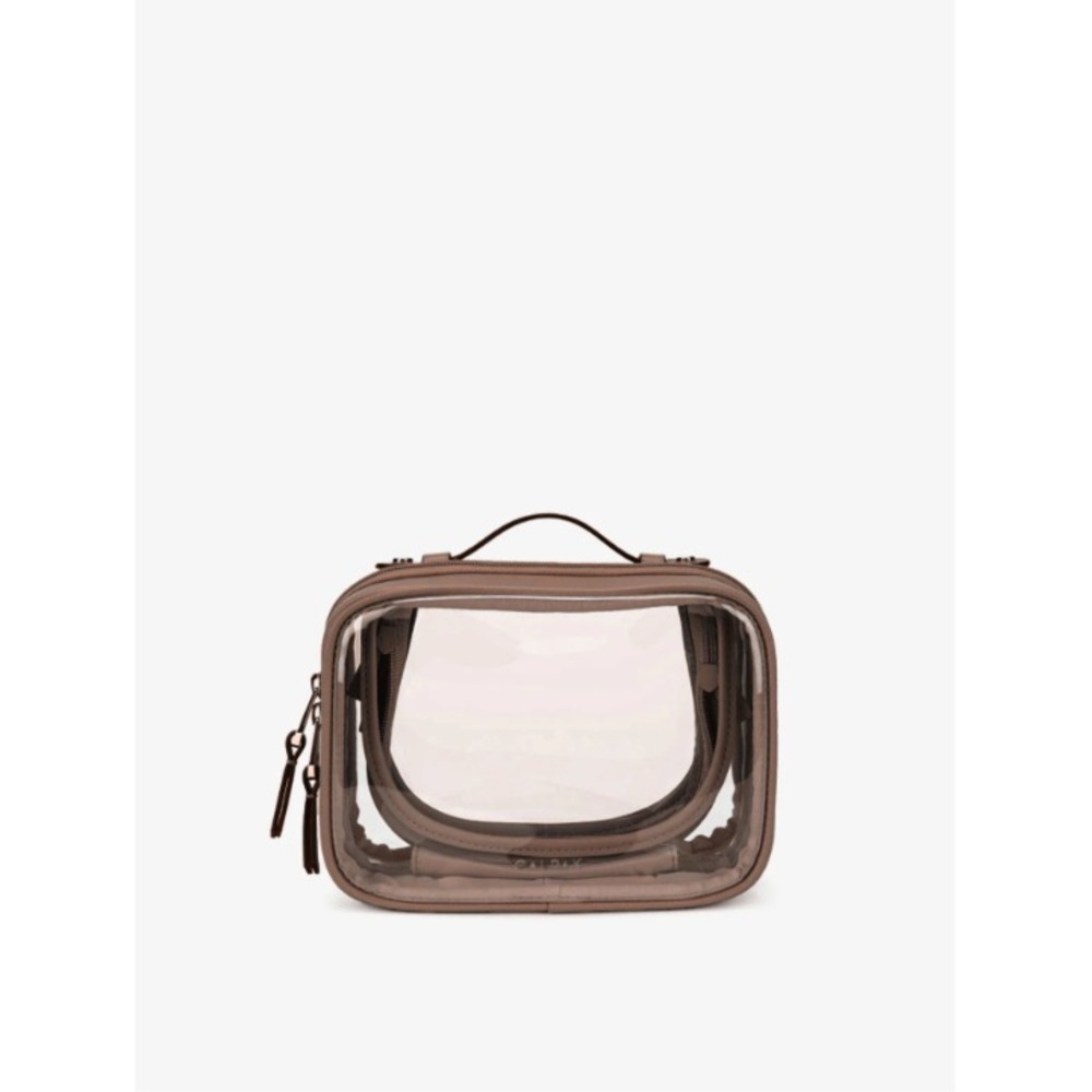 Calpak Small Clear Cosmetics Case In Mocha Makeup Toiletry Travel Bag Dual Zip
